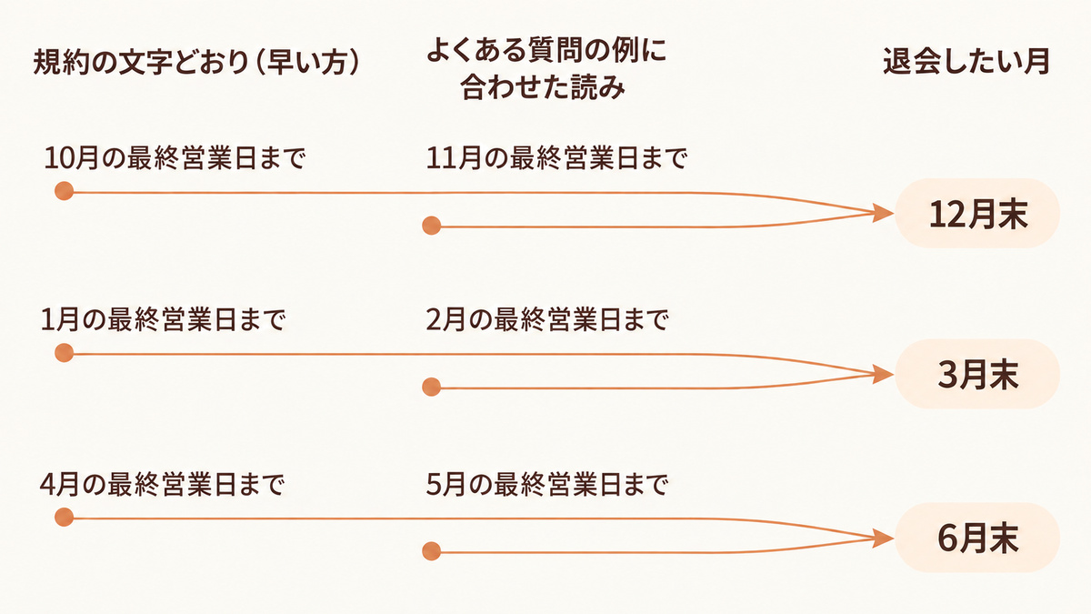 ゼンプレイスの二通りの締切と退会月を示すタイムライン