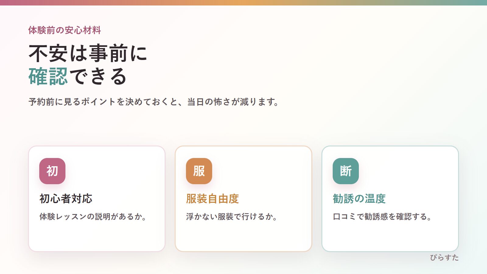 マシンピラティス体験前に初心者対応・服装・勧誘を確認する図