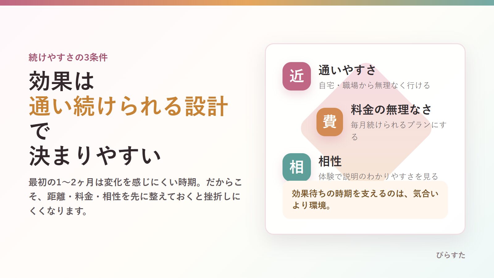 マシンピラティスを続けやすくする通いやすさ・料金・相性の3条件